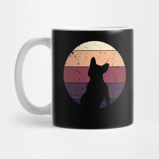 Silhouette of cute french bulldog sitting with dark colored sunset, vintage style, frenchie mon, frenchie dad, frenchie on vintage sunset Mug